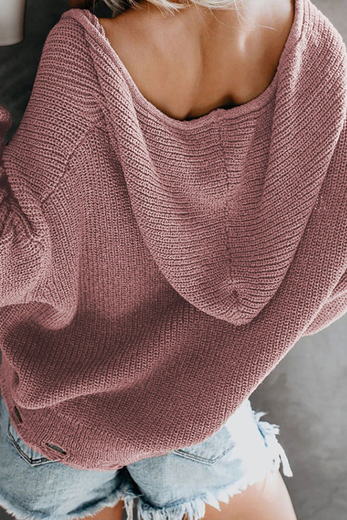 Zipper V-Neck Dropped Sleeve Hooded Solid Sweater